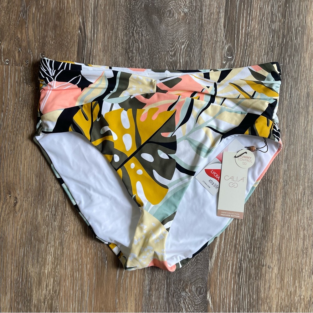 Calia High-Waist Multi Palm Print Shirred V Front Bikini Bottom